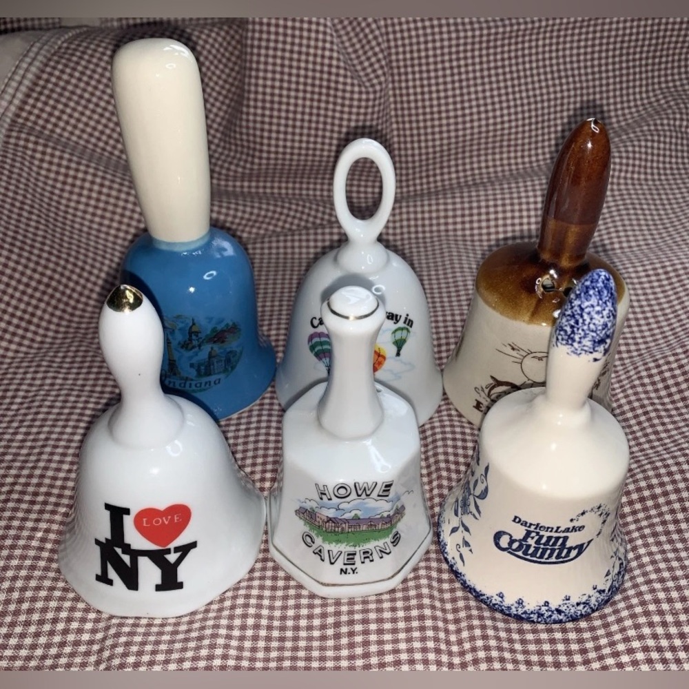 Set of 6 Decorative Souvenir Ceramic Bells NY PA IN FL State Destinations